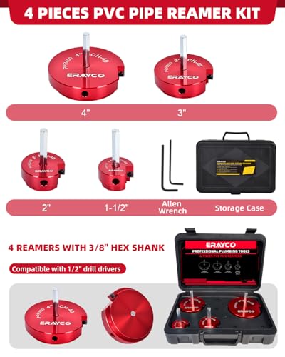 ERAYCO 4-Piece PVC Pipe Reamer Kit, Plastic Pipe Fitting Reamer Tool, Fit into Standard 1/2" Drills, PVC Fitting Saver for SCH40 PVC CPVC ABS Pipe (1-1/2'', 2'', 3'', 4'') - size: 1.5+2+3+4 Inch
