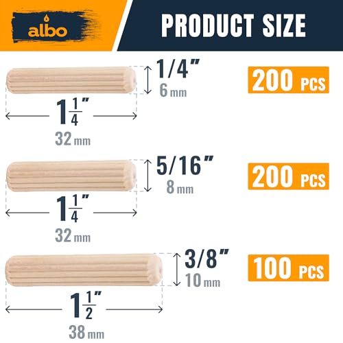 ALBO Wooden Dowel Pins 500 Pack Assorted Sizes 1/4 + 5/16 + 3/8 inch Fluted Wood Dowels Rods Hardwood Crafts Dowel Pegs - size: Set 500pcs 1/4 + 5/16 + 3/8