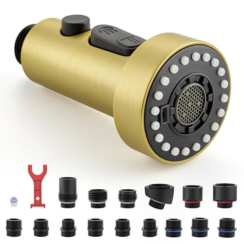 J-HVA Pull Down Kitchen Faucet Sprayer Head Replacement Part, Brushed Gold | 3 Function with 15 Adapters Pull Out Sink Sprayer Replacement Nozzle, Kitchen Faucet Head Hose Spray Tap Spout - color: Brushed Gold