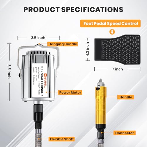 1200W Flex Shaft Grinder, 30000RPM 46pcs Flex Shaft Rotary Tool Kit | 0-1/4" Universal Chuck Hanging Grinder for Polishing, Carving, Sanidng, Engraving, Silver, Wood, DIY Creating