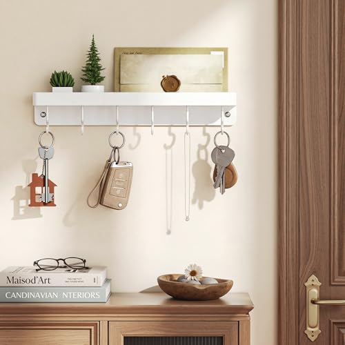 niffgaff White Key Holder Wall Mount, Stainless Steel Self Adhesive Hooks Rack with Shelf, No Drill Key Hanger for Door and Wall - color: White