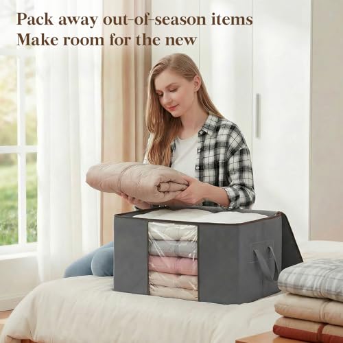 Lifewit 6 Pack Clothes Storage Bins with Lids, Foldable Blanket Storage Bags with Zippers, Clear Window and Reinforced Handles, Closet and Organization for Clothing, Sweater, Comforter, Bedding - size: 60L