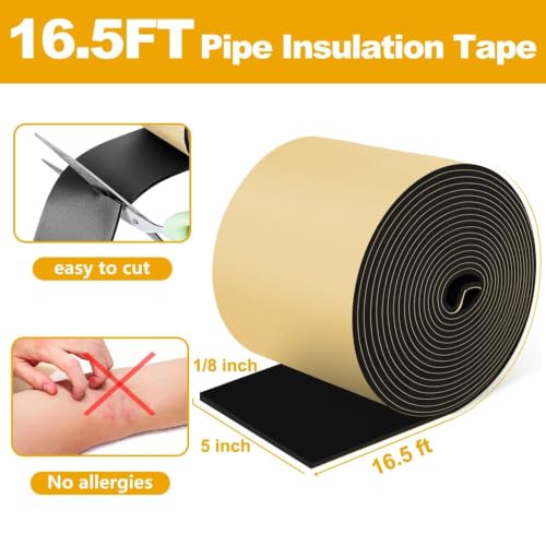 DEMEDO Pipe Insulation Tape, Pipe Wrap Insulation Foam Tape Self Adhesive, Outdoor Water Pipe Insulation Roll for HVAC, AC Line Insulation, 5 inch x 16.5 FT Heat Tape for Water Pipe, Black - style: 5" wide x 1/8" thick x 16.5ft long
