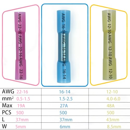 1500 PCS Heat Shrink Butt Connectors,12-10 AWG,16-14 AWG,22-16 AWG Waterproof Electrical Insulated Crimp Wire Splice for Marine,Cable,Wiring,Rapid Connection,Comprehensive Sealed Protection - size: Red 500/Blue 500/Yellow 500 pcs