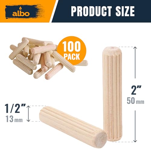 ALBO Wooden Dowel Pins 1/2 x 2 inch Fluted Wood Dowels Rods 100 Pack Hardwood Crafts Dowel Pegs - size: 1/2"x2"-100Psc