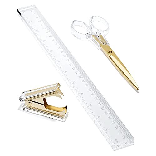 OfficeGoods 3-Piece Acrylic Desk Set, Clear with Gold Metal - color: Gold