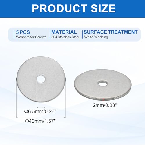 MECCANIXITY 5 Pcs M6 Stainless Steel Flat Washers Round Assortment Parts Spacers Assorted for Screws, Bolts, Plumbing, Automotive, Electrical 6mm ID 40mm OD 2mm Thick - size: M6, 6mm ID 40mm OD 2mm Thick