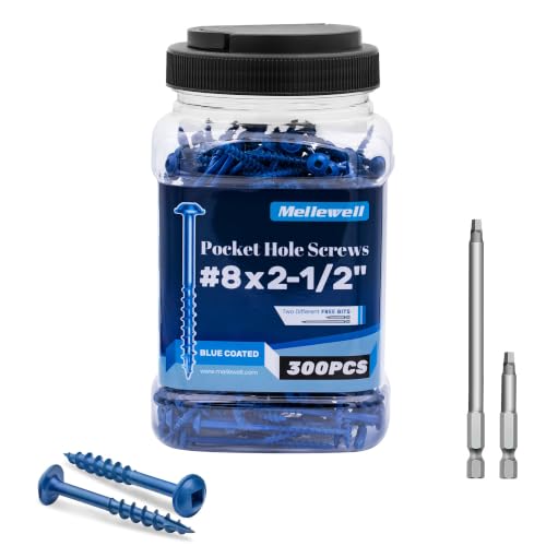 Mellewell #8 x 2-1/2" Blue Coated Pocket Hole Screws, Square Drive Self Tapping Wood Screws, Coarse Thread Anti-Rust Coated Wood Screw, 65MM 150MM Drive Bits Included, Carbon Steel, 300 PCS - color: Blue, size: #8 x 2-1/2"