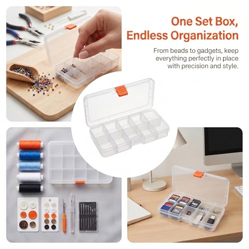 10 Grids Bead Organizer with Adjustable Dividers, 1.10"x1.29" Each Grid, Plus 3 Mini Storage Box for Jewelry, Fishing Hooks, Art Craft, Office Supplies - color: Clear-S