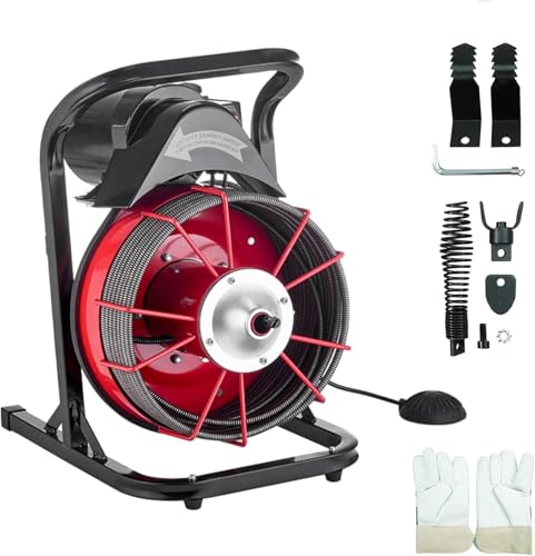 HoldwellS 75FT x 3/8 Inch Drain Cleaner Machine, Manual Feed Sewer Snake, Stationary Portable Drain Auger Equipped with 4 Cutters & Air-Activated Foot Switch for for 2-4 inch Pipes - color: 75FT x 3/8inch (Manual Feed)