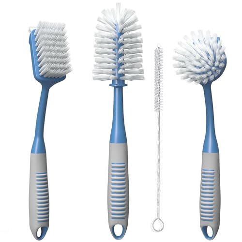 Dish Brush Set of 4 - Kitchen Scrub Brushes with Non-Slip Long Handle for Cleaning, Scrubber, Dishwashing, Dishes, Bottles, Straws, Cups, Pots & Sink, Blue - color: Blue