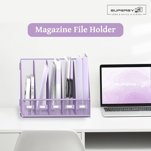 SUPEASY Desk Organizers Metal Desk Magazine File Holder with 5 Vertical Compartments Rack File Organizer for Office Desktop, Classroom, Home Workspace, Purple - color: Purple, size: Small