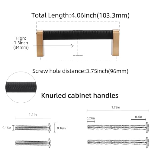 10 Pack 3-3/4 inch(96mm) Black and Champagne Bronze Kitchen Cabinet Handles Knurled Cabinet Pulls Black Drawer Pulls Kitchen Cabinet Hardware Handles Dresser Handles - color: Black And Champagne Bronze, size: 3-3/4" Hole Center（96mm）