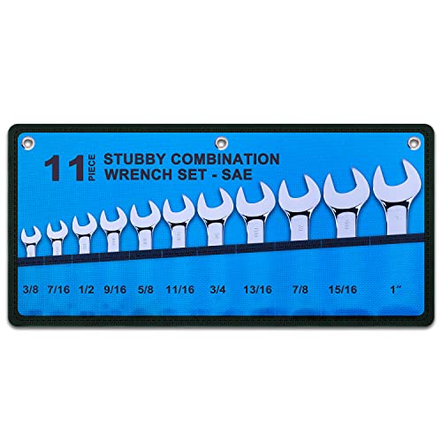 Premium Stubby Combination Wrench Set with Roll-up Pouch, 11-Piece, SAE, 3/8” to 1”, No Skipped Inch Size | Cr-V Steel, Mirror Polished Finish | Short Length and Slim Body, Perfect for Confined Areas - size: SAE Set