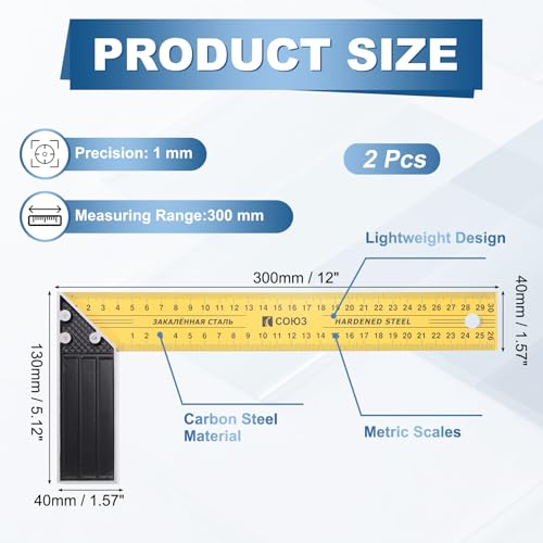 HARFINGTON 2Pcs Woodworking Square Ruler 12" Carbon Steel Try Square Metric Precision Framing Carpenter Tool Right Angle Ruler with Aluminium Handle for Professional Carpentry, Yellow Black - size: 12"