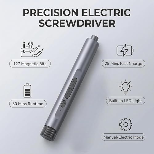 Mini Electric Screwdriver Cordless Set, 127-in-1 Precision Magnetic Bits, Rechargeable USB-C, LED Light, Manual & Electric Modes, Portable Repair Tools Kit for Electronics, Phones, Laptops
