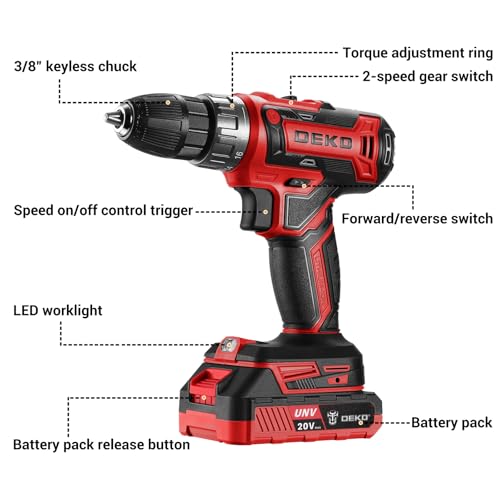 Power Drill Cordless: DEKO PRO Cordless Drill 20V Electric Power Drills Set Tool for Women with Battery and Charger 20 Volt Drills Driver Kit Red - color: Red