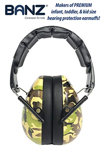 BANZ Kidz Earmuffs 2 Years & Older - Loud Noise Cancelling, Size Adjustable - color: Camo Green