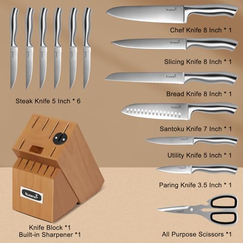 Kuisine Premium Sharp Knife Set,High Carbon Stainless Steel Sharper Blade Ergonomic Non-slip Handle,Kitchen Block Knife Set Chef Knife Block Set with Built-in Sharpener(Acacia, 15PCS) - color: ET Acacia Wood