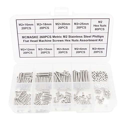 260PCS Metric M2 Stainless Steel Phillips Flat Head Machine Screws Hex Nuts Assortment Kit - size: M2