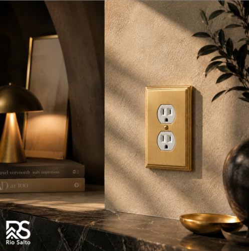 Rio Salto BRASS Outlet Covers Duplex Receptacle Wall Plate Electrical Outlet Cover Brushed Gold Metal Outlet Covers Decorative Wall Plate — Deco Collection 4.50" X 2.75" - color: Duplex 1-Gang (1-Pack)