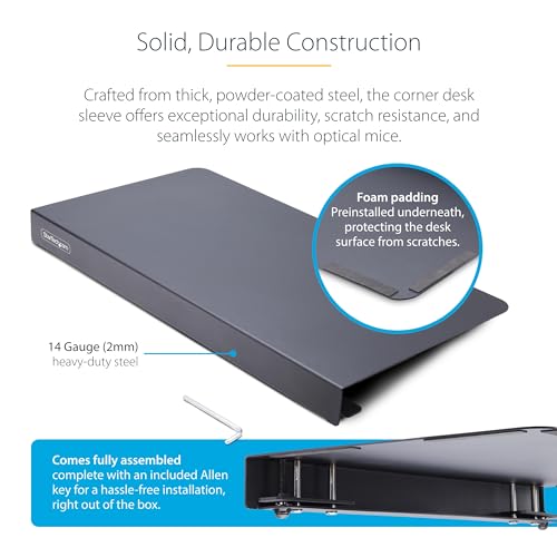 StarTech.com Clamp-On Steel Desk Corner Sleeve for L-Shaped/Corner Desk, for 0.5-1.5in (12.7-38.1mm) Desks, Increase Space for Keyboard/Mouse, Desk Extender/Tray for Wooden/Steel Desks (DSKCRNRSLV)