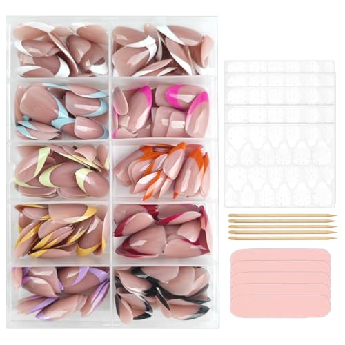 240Pcs French Tips Press on Nails Short Almond Fake Nails 9 Color Full Cover Acrylic False Nails with Designs Colorful Glue on Nail Glossy Reusable Artificial Nail Press ons for Women Manicure Art - color: Style-21