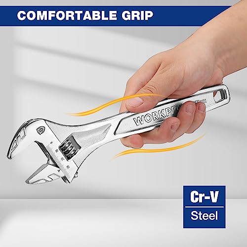 WORKPRO 10" Large Jaw Adjustable Wrench, Cr-V Steel, Chrome Finish - color: Silver, size: 10 inch