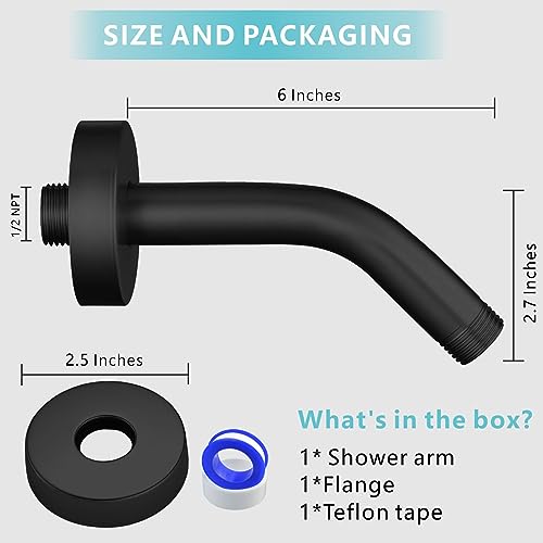 Shower Arm with Flange, 6 Inches Wall Mount Replacement Shower Head Arm For Fixed Shower Head and Handheld Showerhead, Matte Black - color: Matte Black, style: 6 Inch