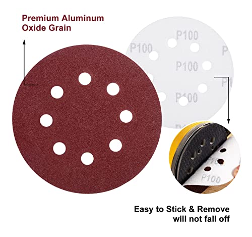 S SATC 150 Pcs Hook and Loop Adhesive Sanding Discs 5 Inch 8 Hole Sandpaper 100 Grit Aluminum Oxide Sander Pads for Random Orbital Sander - style: 150PCS 5 Inch 100 Grit