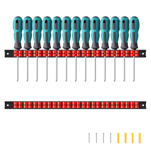 Reniteco 2 Pack Wall-Mounted Screwdriver Organizers with Screws - Heavy-Duty ABS Plastic Tool Holder for Screwdrivers, Wrenches, Piers - Garage Workshop Storage (Red,2 PCS) - color: Red
