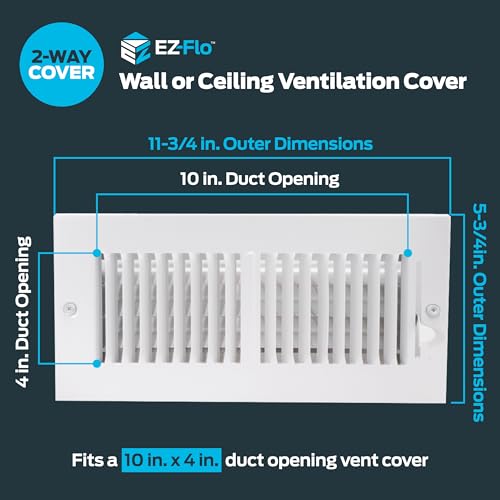 EZ-FLO 10 x 4 Inch (Duct Opening) Air Vent Cover for Wall or Ceiling, Two-Way Ventilation Register, Solid Steel HVAC Register Cover, White, 61609 - size: 10 in. x 4 in.