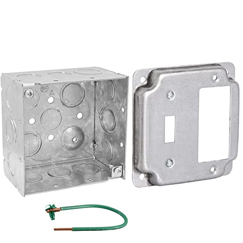 Pack of Box and Cover 4'' Square Electrical Box, One Toggle/One Rocker Switch Exposed Work Cover, Crushed Corners, Welded Construction, Ten 1/2'' and Six TKO Knockouts, Raised Ground, 2-1/8'' Deep - size: Toggle / Rocker
