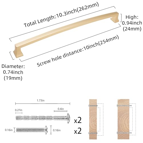 COTYKILEY 10 Pack 10 Inch(254mm) Brushed Brass Cabinet Handles Gold Kitchen Cabinet Pulls Cabinet Door Handles Kitchen Cabinet Hardware - color: Brushed Brass, size: 10" Hole Center（254MM）