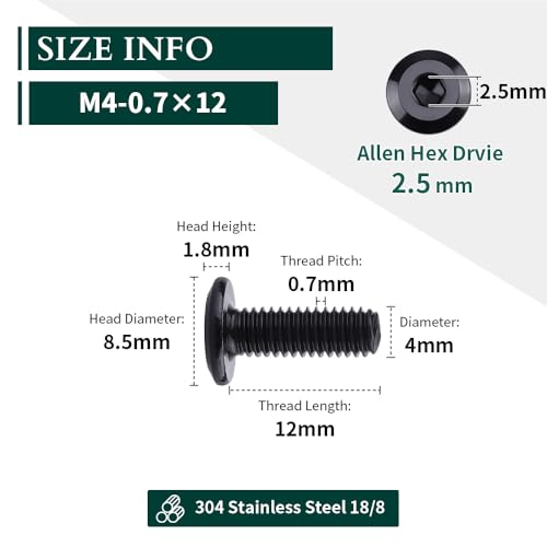 M4-0.7 x 12mm (100 pcs) Black Hex Socket Head Cap Screws, 304 Stainless Steel 18/8, Furniture Bolts, Connector Screws for Furniture, Black Oxide Finish, Full Thread, Hex Spanner Wrench Included - size: M4-0.7 x 12mm