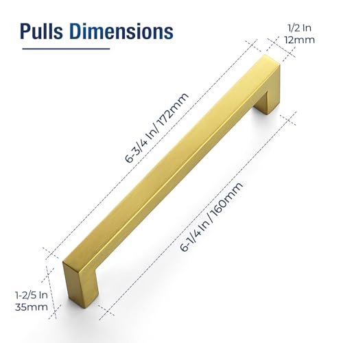 JOY DECOR Gold Cabinet Handles Square Cabinet Pulls, 6-1/4 Inch CC, 10 Pack - size: 6-1/4 Inch Hole Center