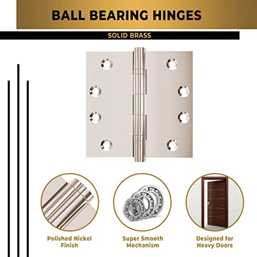 Solid Brass Door Hinge Heavy Duty Ball Bearing Shiny Silver 4x4 Inch - Set of 2 Hinges (Polished Nickel) - color: Polished Nickel