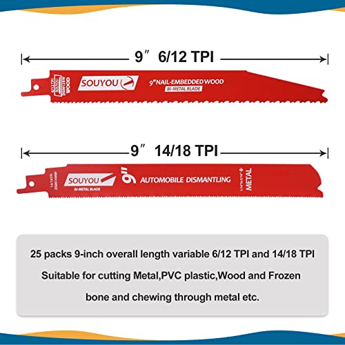 25 Pack 9 Inch 6/12 Tpi Reciprocating Saw Blades Bi-Metal Steel Demon with Perma-Shield Coating Stud and Reciprocating Saw Blades for Cutting Embedded Wood Metals PVC Pallets etc. - size: 9in 25Pack, style: 6/12 Tpi