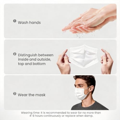 Disposable Face Masks 100 Pack, 3-Ply Breathable Masks with Soft Comfortable Earloops, Adjustable Nose Clip for Office, Travel, School & Public Use, White - color: White