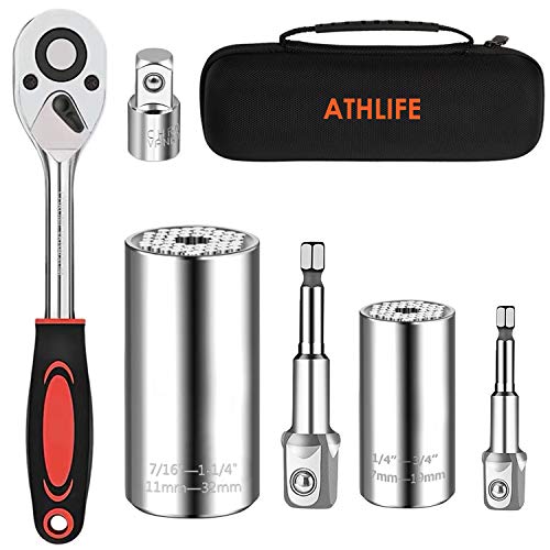 Universal Socket Wrench Set (11-32mm 7-19mm) Professional Sockets Tools Multi-function Wrench Repair Tool Kit with 3/8 inch Ratchet Wrench & Power Drill Adapter Chrome Vanadium Steel