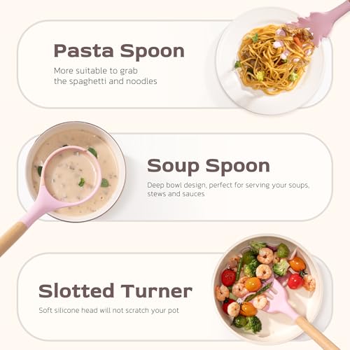 Astercook Kitchen Utensils set, 39 PCS Silicone Cooking Utensils Set with Wooden Handle, 446°F Heat Resistant Food Grade Utensil Sets, BPA Free Kitchen Gadgets Tools Set for Nonstick Cookware (Pink) - color: Pink