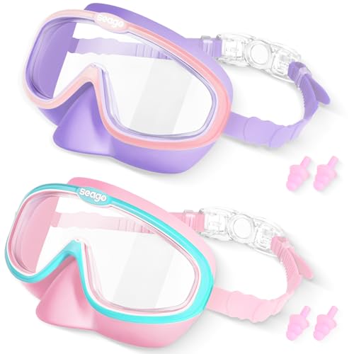 Seago Kids Swim Goggles with Nose Cover 2 Pack for 3-14 Anti-Fog Clear View - color: Pink Green & Pink Purple