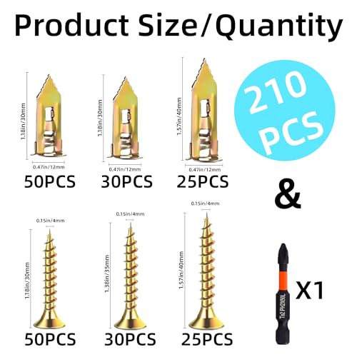 210 PCS Drywall Self Drilling Anchors with Screws Kit,105 PCS Sheetrock Anchors and 105 PCS Screws, Zinc-Plated Steel Material - for Gypsum Board, Hollow Walls, Picture Frames,etc.No Drill Needed - size: 210Pcs 3Size kit
