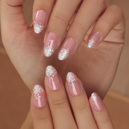 Curvlife Press On Nails Medium Almond Apricot - 30pcs Handmade Glitter Press on Nails with Glue, Glossy Nude Pink Apricot Full Cover Fake Nails Long Lasting False Nail Tips for Women - color: A1 - glitter nails
