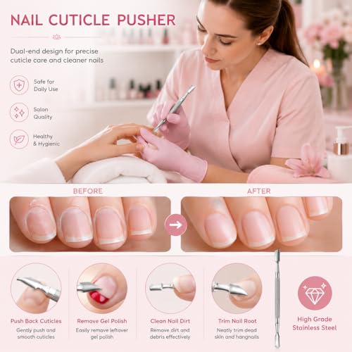 Cuticle Pusher – Professional Stainless Steel Nail Scraper & Cuticle Remover – Dual-Sided Tool for Finger & Toe Nails, Gel Polish & Dead Skin Removal– Non-Slip Handle for Manicure & Pedicure