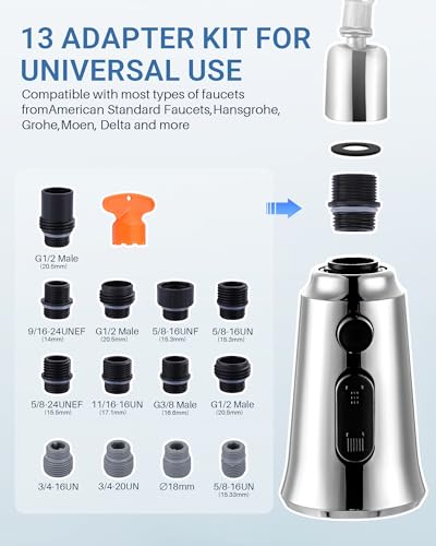 WOWOW Kitchen Faucet Head Replacement – 304 Stainless Steel 3-Mode Pull Down Spray Head with 13 Adapters, Compatible with Moen Delta Kohler American Standard, Easy DIY Install, Chrome - color: Chrome