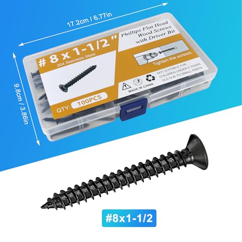 100PCS #8 x1-1/2 Black Wood Screws, Flat Head Stainless Steel Sheet Metal Screws, Fast Self Tapping Screws for Deck Drywall Concrete Screws with Screwdriver Bit - style: Black #8X1-1/2" Flat Head 100PCS