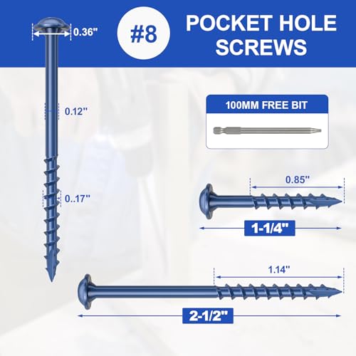 #8 Pocket Hole Screws 1-1/4 Inch, 100Pcs Coarse Thread Wood Screws, Square Drive, Washer Head, 4-Layer Coating, Drive Bit Included (Blue) - color: Blue, size: #8 x 1-1/4"