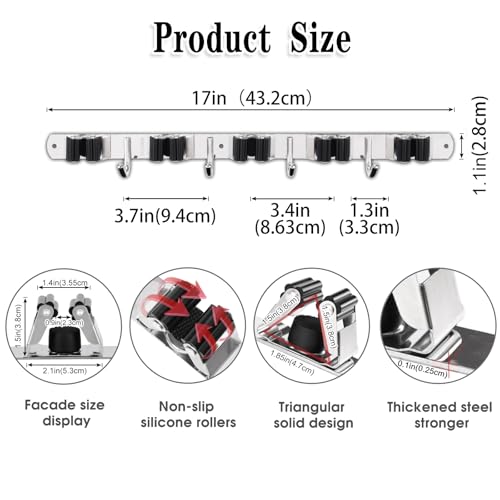 AceMining Broom Holder Wall Mount, 5 Racks 4 Hooks Heavy Duty Mop Organizer - color: 5 Racks & 4 Hooks (Silver) - 1 Pack