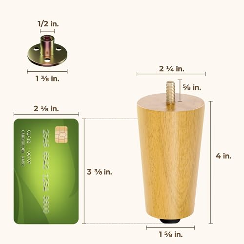Yes4All 4 Inches Round Natural Solid Wood Furniture Legs Set of 4, Heavy Duty 800 Lbs Capacity Furniture Legs with Leveler, Replacement Legs for Furniture, Couch, Sofa, Dresser, Ottoman - color: Round Natural, size: 4 inch